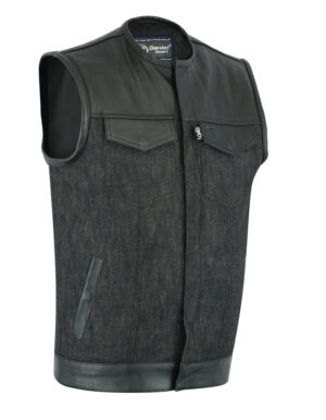 Men's SOA Anarchy Premium Leather Denim Vest No Collar Motorcycle Club