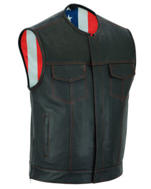 Men's Leather Motorcycle Vest Red Stitching USA Flag Liner